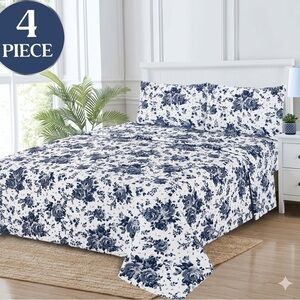 King 4Pc Sheet Set Blue White Floral 2900 Series Deep Pocket NEW